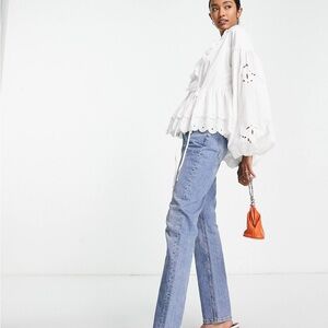 ASOS EDITION wrap smock top with broderie ruffle collar in white
